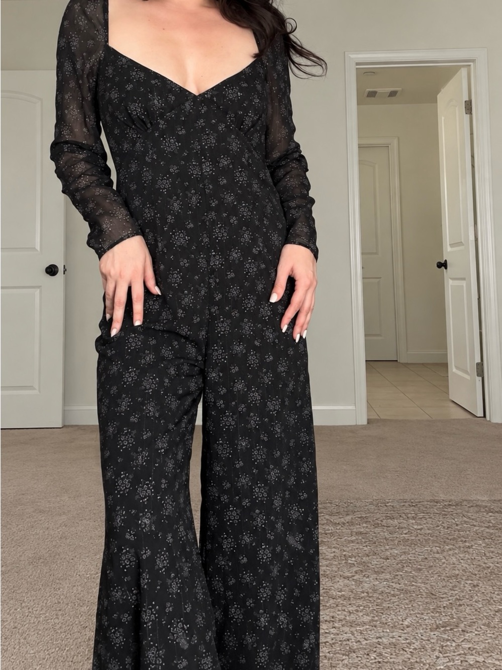 Revolve Women's Black Floral Wide-Leg Jumpsuit